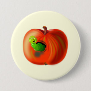 Happy Worm In Red Apple 3 Inch Round Button