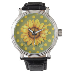 Happy Yellow and Green Sunflower on Polka-Dot Watch
