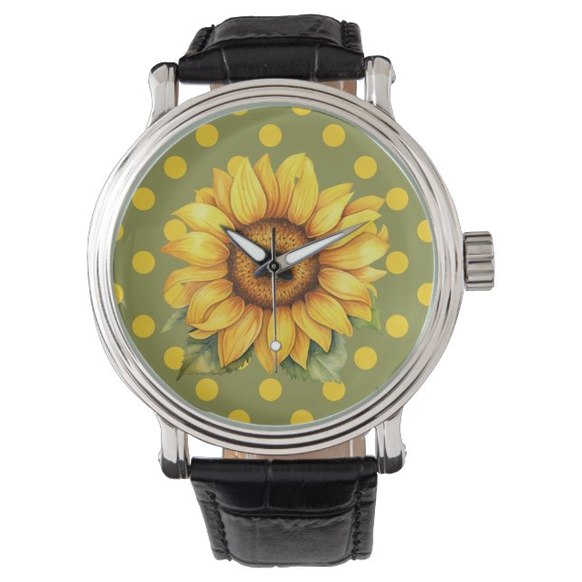 Happy Yellow and Green Sunflower on Polka-Dot Watch (Front)