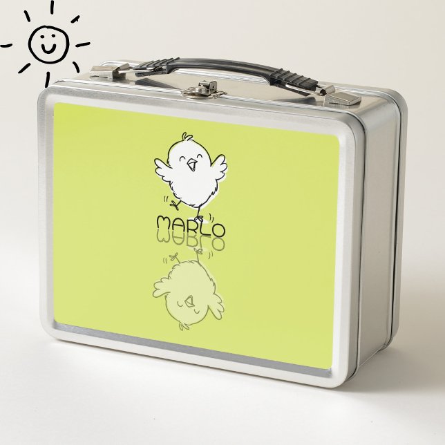 Happy Yellow Chick Reflection Doodle Custom Name Metal Lunch Box (Creator Uploaded)