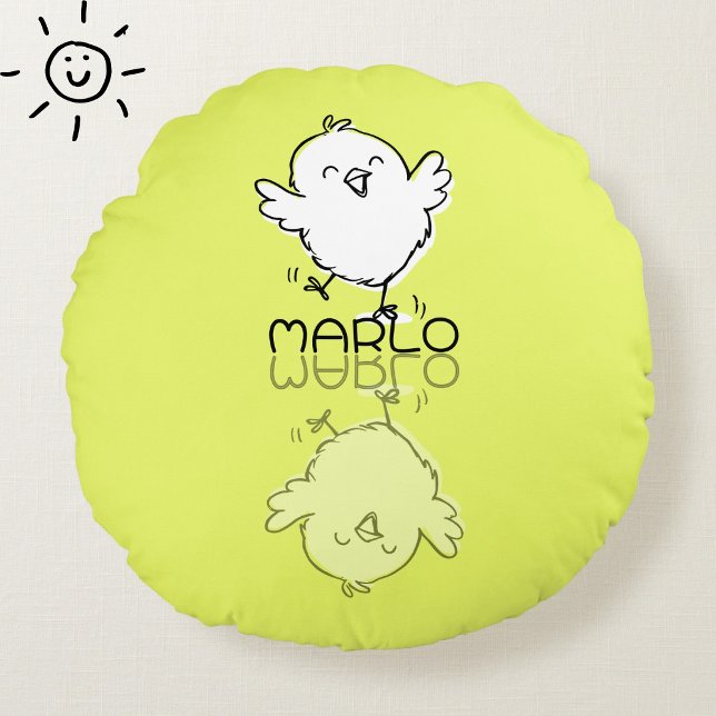 Happy Yellow Chick Reflection Doodle Custom Name Round Pillow (Creator Uploaded)