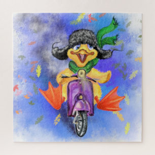 Happy Yellow Duck Drives Purple Scooter - Cartoon  Jigsaw Puzzle
