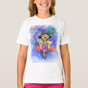 Happy Yellow Duck Drives Purple Scooter - Cartoon T-Shirt