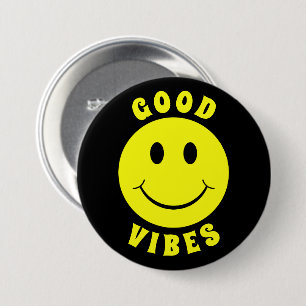 Happy Yellow Face Good Vibes Black 3 Inch Round Button