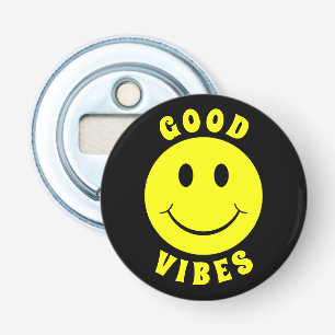 Happy Yellow Face Good Vibes Black Bottle Opener