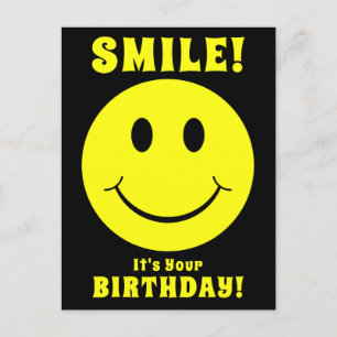 Happy Yellow Face Smile it's Your Birthday Black Postcard