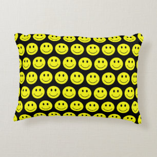 Happy Yellow Faces Pattern Black Accent Pillow