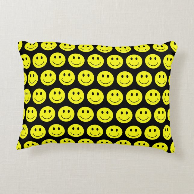 Happy Yellow Faces Pattern Black Accent Pillow (Back)