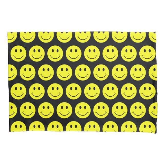 Happy Yellow Faces Pattern Black Pillowcase (Front)