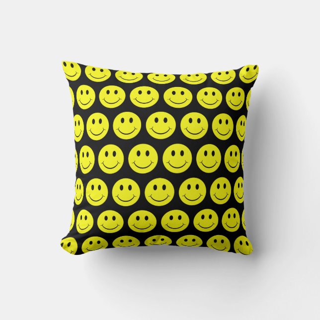 Happy Yellow Faces Pattern Black Throw Pillow (Front)