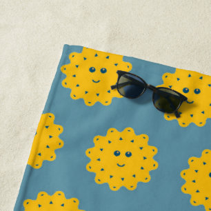 Happy Yellow Sun Pattern on Blue Personalised Beach Towel