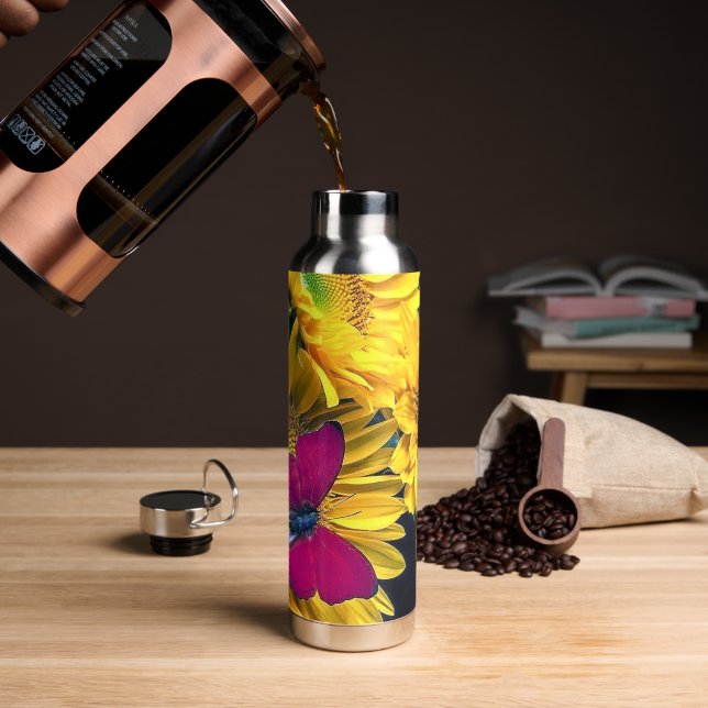 Happy Yellow Sunflowers with Butterfly Water Bottle (Coffee)