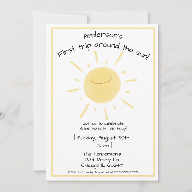 Happy Yellow Sunshine Gender Neutral 1st Birthday Invitation (Front)