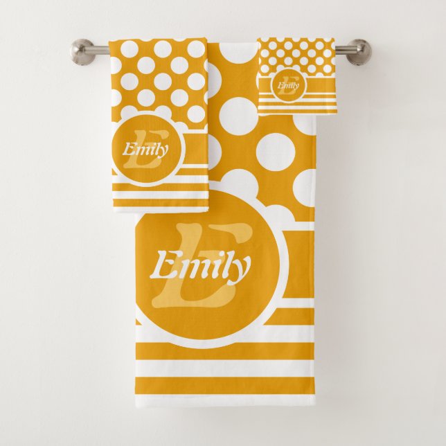 Happy Yellow & White Named Polka Dot Bath Towel Set (Insitu)