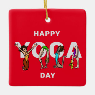 Happy Yoga Day Women Letter Positions Ornament