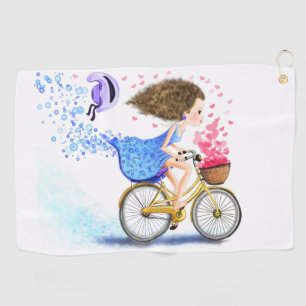 Happy Young Girl On A Bike - Romantic Love Hearts Golf Towel