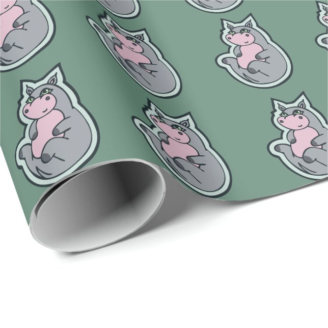 Happy Young Grey Hippo Teal Drawing Design Wrapping Paper (Roll Corner)