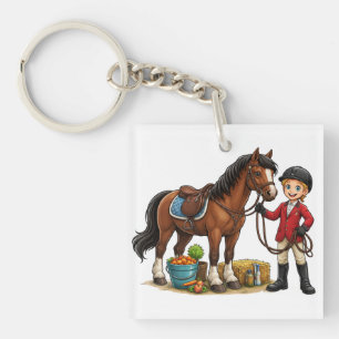 Happy Young Rider With Beautiful Horse Cartoon T-S Keychain