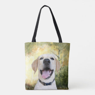 Happy young yellow lab tote bag