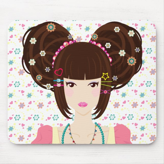 Harajuku Girl Yuriko with flowery background Mouse Pad (Front)