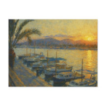 Harbor at Sunset Watercolor Postcard