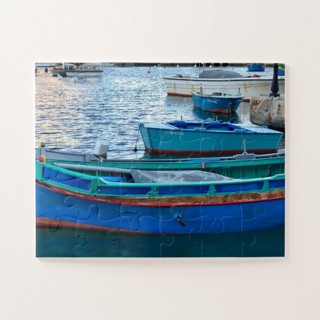 Harbor Blue Skiff, Mediterranean Coast Jigsaw Puzzle (Horizontal)