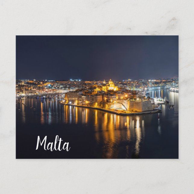 Harbor in Malta illuminated at night Postcard (Front)