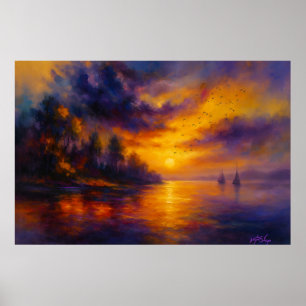 Harbor of Light - Sailboats Beneath a Burning Sky Poster