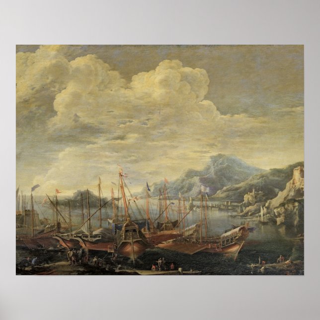 Harbor with Lighthouse and Ships (oil on canvas) Poster (Front)