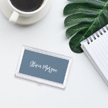 Harbour Blue Sketched Cursive Script Business Card Holder<br><div class="desc">Elegant business card case features your name,  title,  or choice of personalization in white hand scripted cursive lettering on a dusty blue background.</div>