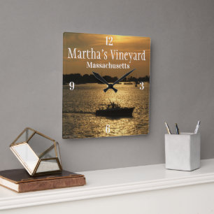 Harbour Boat Scene Late Evening Sun Behind Clouds Square Wall Clock