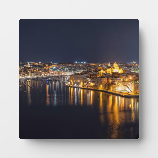 Harbour in Malta illuminated at night Plaque (Front)