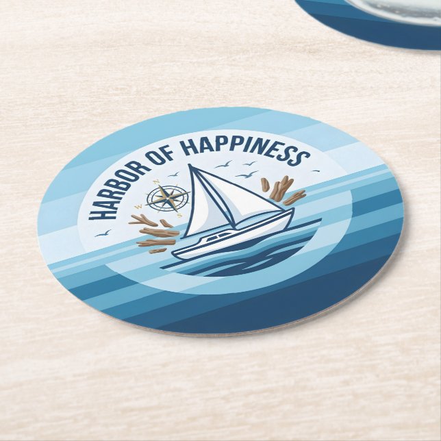 Harbour of Happiness Round Paper Coaster (Angled)