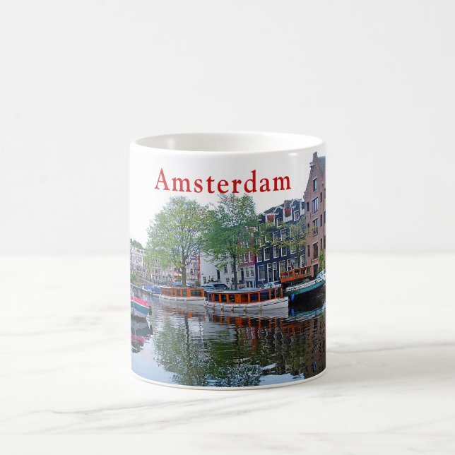 Harbour on the canal in Amsterdam Coffee Mug (Center)