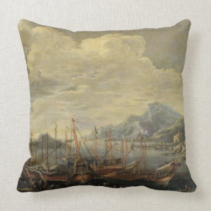 Harbour with Lighthouse and Ships (oil on canvas) Throw Pillow
