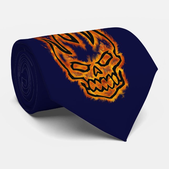 Hard Core Flaming Skull Navy Two-side Tie (Rolled)