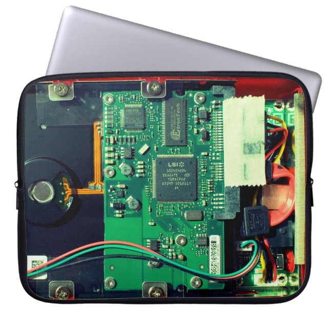 Hard drive electronic device close up photo green laptop sleeve (Front)