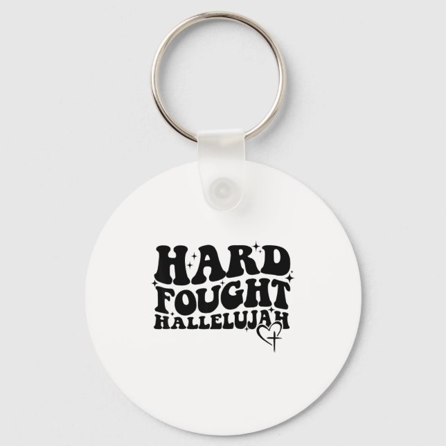 Hard Fought Hallelujah Cross Heart Sparkle Art  Keychain (Front)