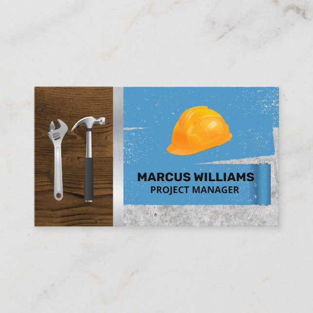 Hard Hat and Tools | Paint Roller Background Business Card (Front)
