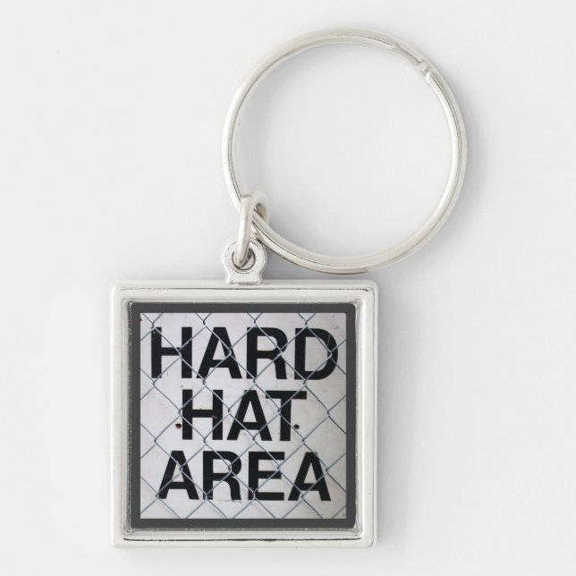 Hard Hat Area Sign under Chain-Link Fence Keychain (Front)