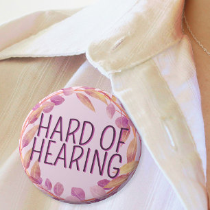 Hard of Hearing Feminine Pink Leaves Wreath 1 Inch Round Button