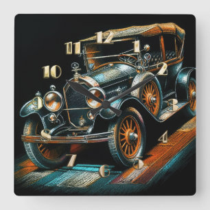 Hard Pastel Drawing Antique Car Square Wall Clock