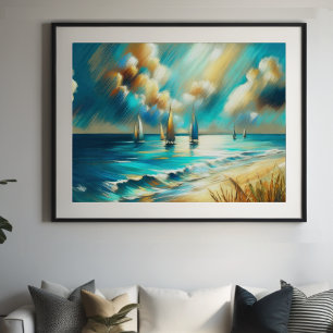 Hard Pastel Drawing Boats Water  Poster