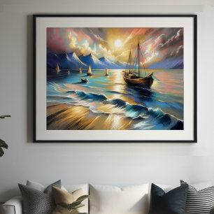 Hard Pastel Drawing Boats Water  Poster