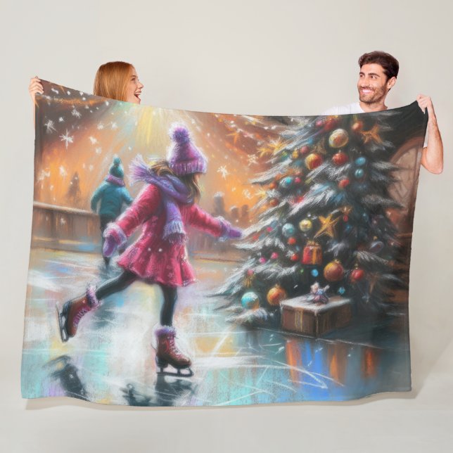 Hard Pastel Drawing Christmas Ice Skating Fleece Blanket (In Situ)