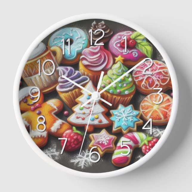 Hard Pastel Drawing Christmas Motif Holiday Cookie Clock (Front)
