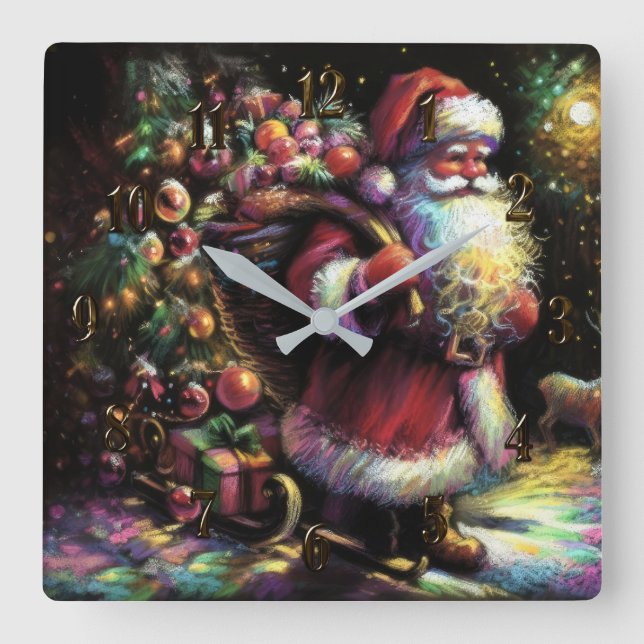 Hard Pastel Drawing Christmas Santa with Gifts Square Wall Clock (Front)