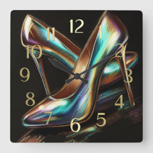 Hard Pastel Drawing Iridescent High Heel Pumps Square Wall Clock