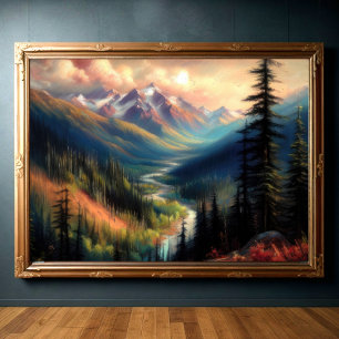 Hard Pastel Drawing of Mountain Landscape Poster