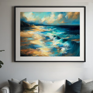 Hard Pastel Drawing Waves on a Beach Poster
